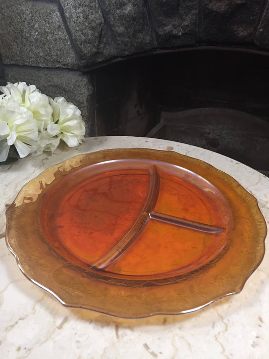 Amber Carnival Glass Bouquet and Lattice Grill Plate, Federal Glass Normandie Grill Plate, Pressed Glass Divided Dish