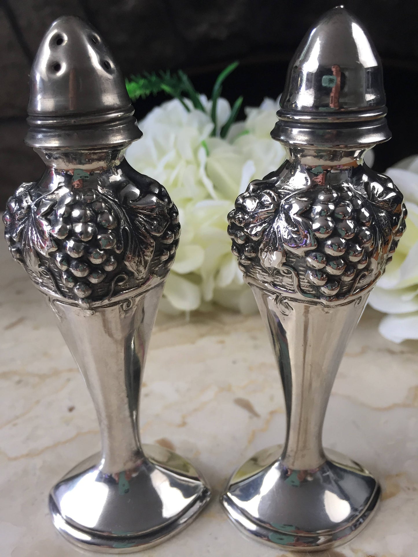 Silver Plated Salt and Pepper Set-Formal Dinnerware Salt Shakers-Vintage Dining-Shabby Chic Kitchen
