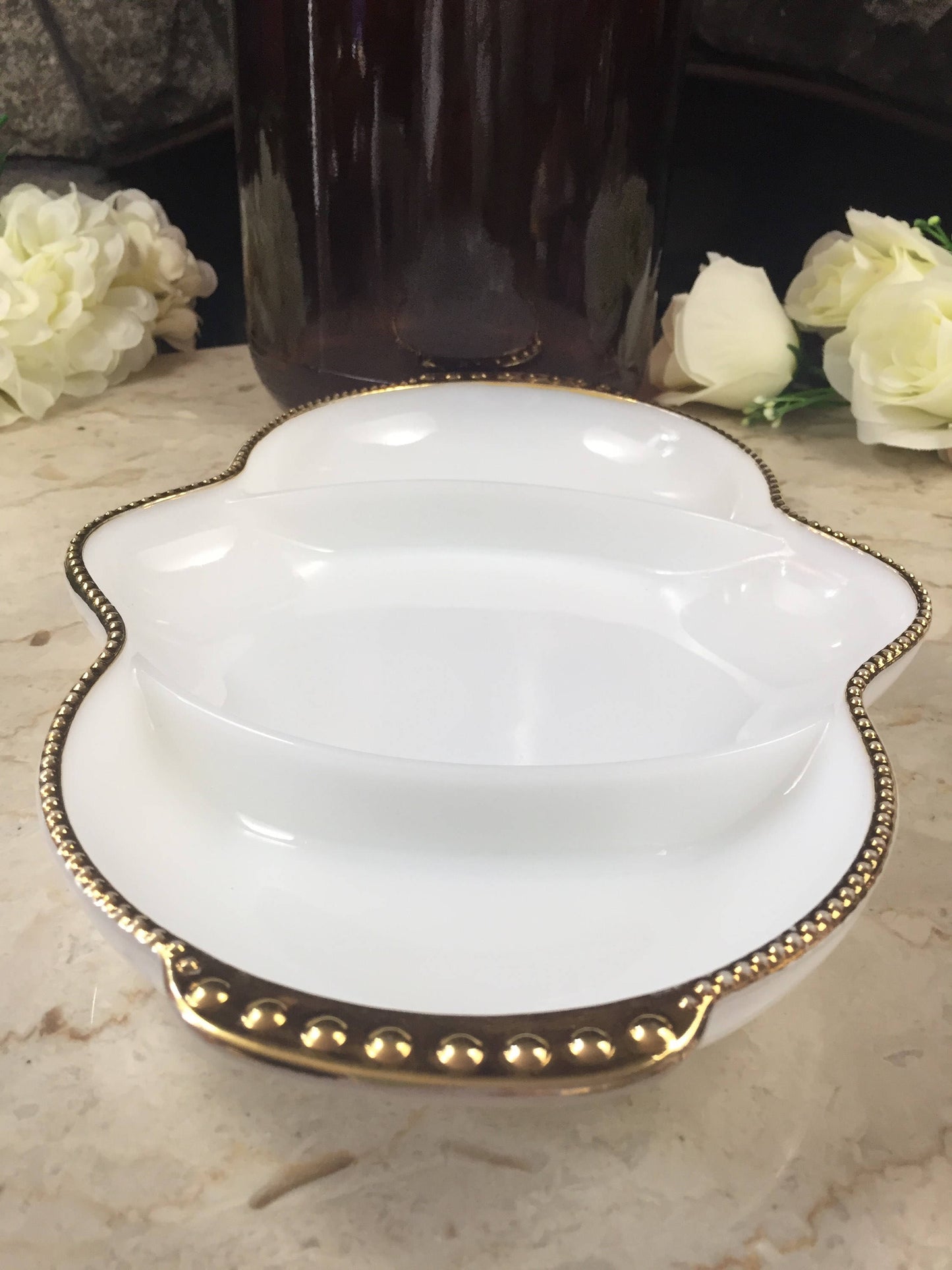 Fire King Milk Glass Divided Dish-Vintage Serving Dish-White Serving Dish-White and Gold Decor-Vintage Wedding Decor