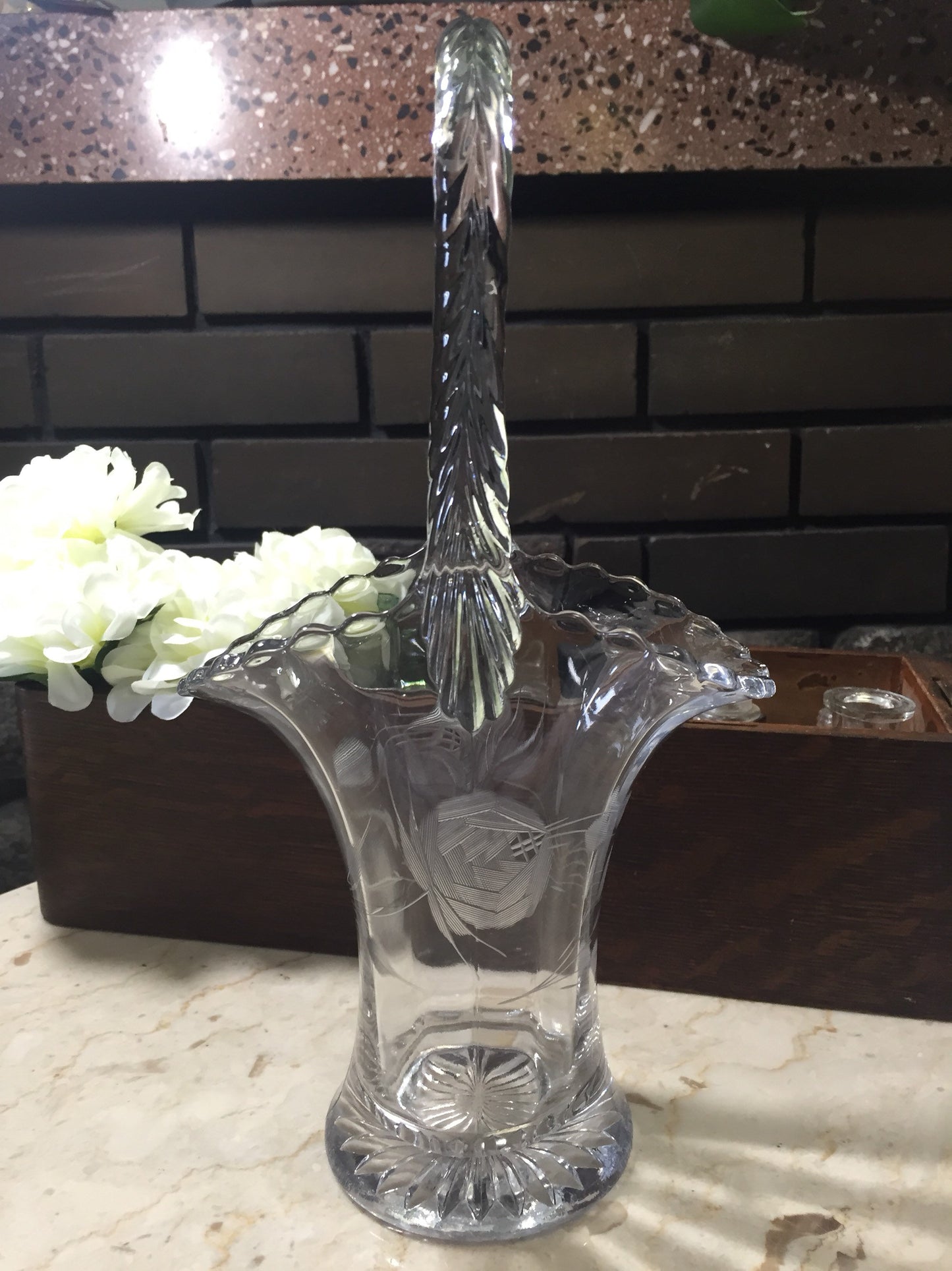 Vintage Etched Glass Basket with Rose Pattern House Warming Gift grandma Chic Decor