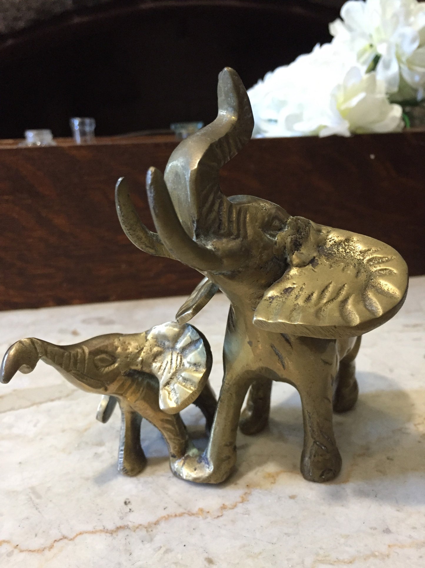 Vintage Brass Elephants, Mother and Baby Elephants Walking Together