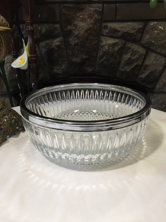 Pressed Glass Bowl - Silver Trimmed Bowl - Clear Glass Bowl - Vintage Bowl