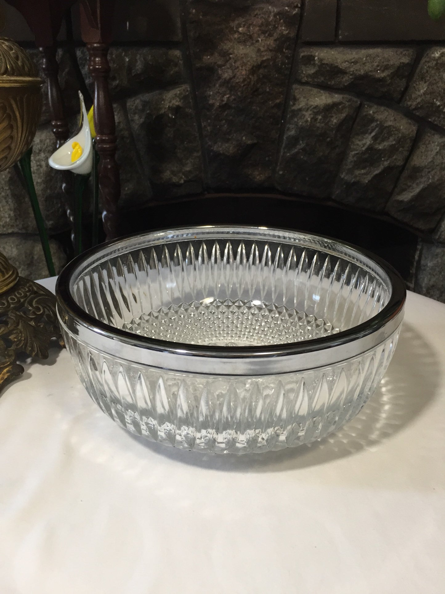 Pressed Glass Bowl - Silver Trimmed Bowl - Clear Glass Bowl - Vintage Bowl