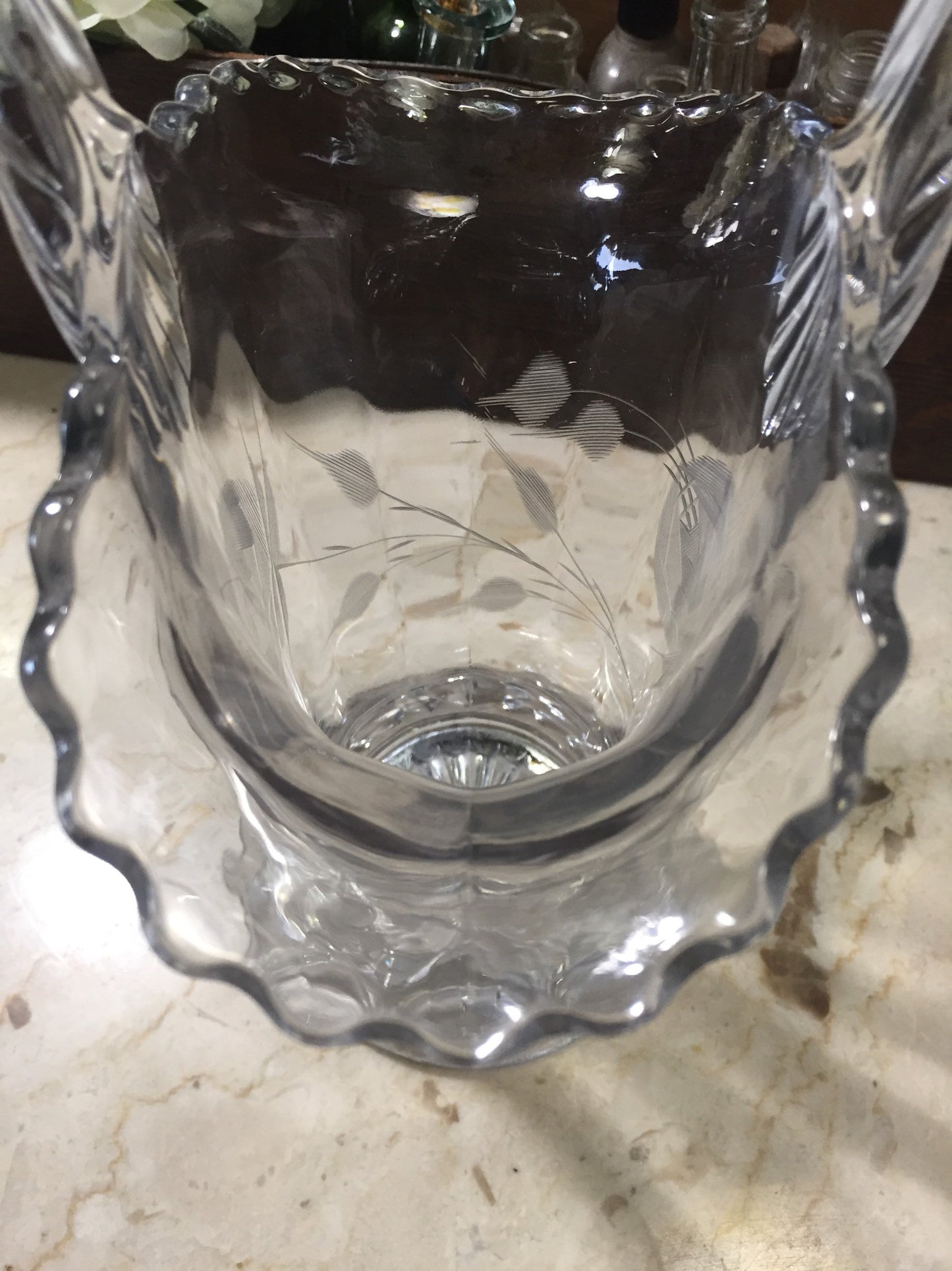 Vintage Etched Glass Basket with Rose Pattern House Warming Gift grandma Chic Decor