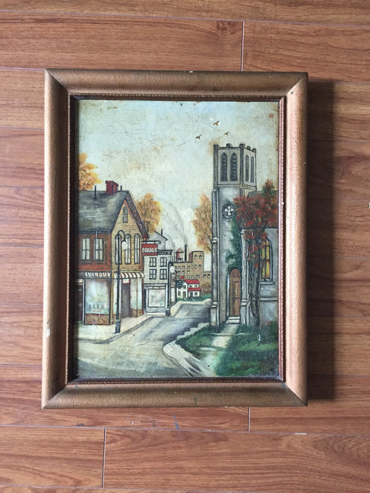 Downtown City Scene Vintage Painting
