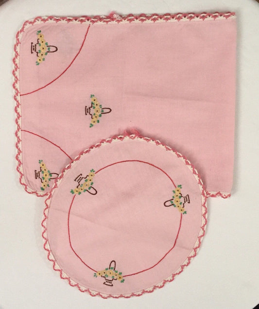 Vintage Pink Embroidered Table Linen Set