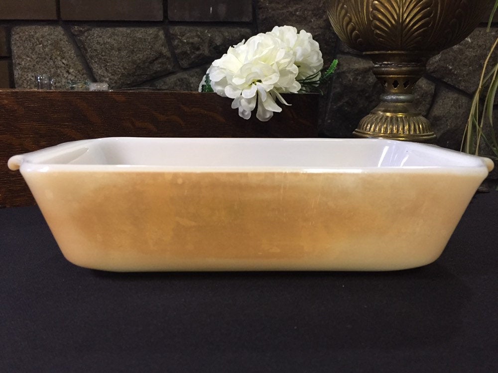 FireKing Lusterware Loaf Pan Peach Luster Over to Table Fire King Baking Dish