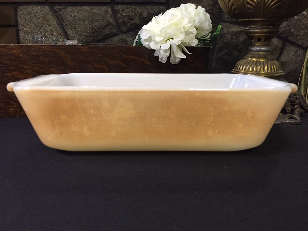 FireKing Lusterware Loaf Pan Peach Luster Over to Table Fire King Baking Dish