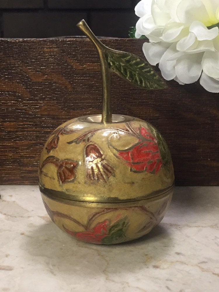 Apple-shaped Brass Jewelry Dish with Enameled Floral Pattern