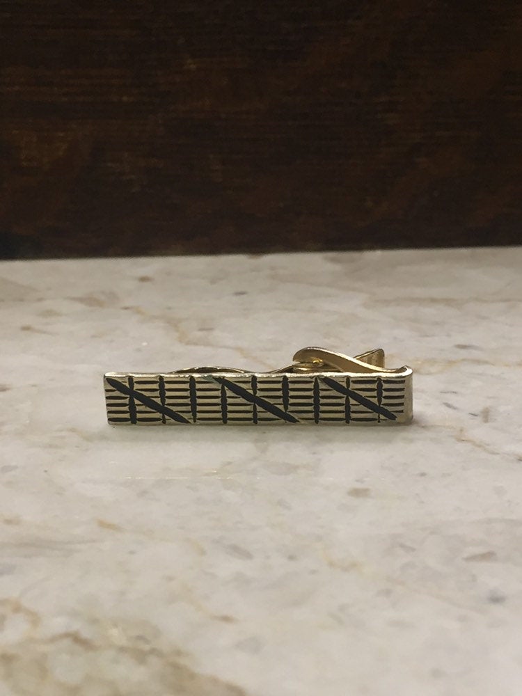 Vintage Tie Clip-Black and Gold Tie Clip-Vintage Tie Bar-Necktie Clip-Vintage Tie Clasp