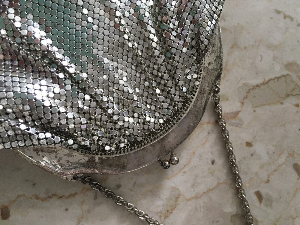 Whiting and Davis Silver Mesh Purse-Chain Mail Clutch Purse-Small Vintage Purse-Metallic Evening Bag