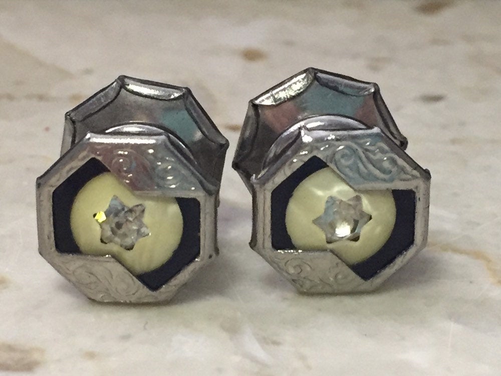 Silver Cuff Links-Vintage Cufflinks for Men-Gift for Boyfriend-Art Deco Inlay Cufflinks