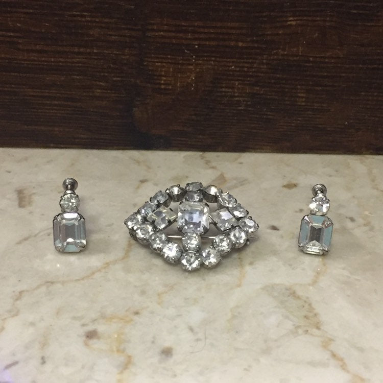 Vintage Sterling and Rhinestone Broach and Earring Set By Jay Flex Sterling