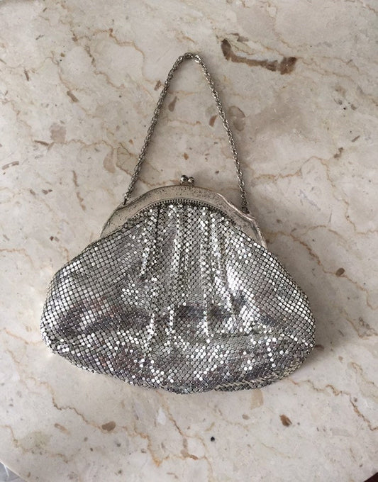 Whiting and Davis Silver Mesh Purse-Chain Mail Clutch Purse-Small Vintage Purse-Metallic Evening Bag
