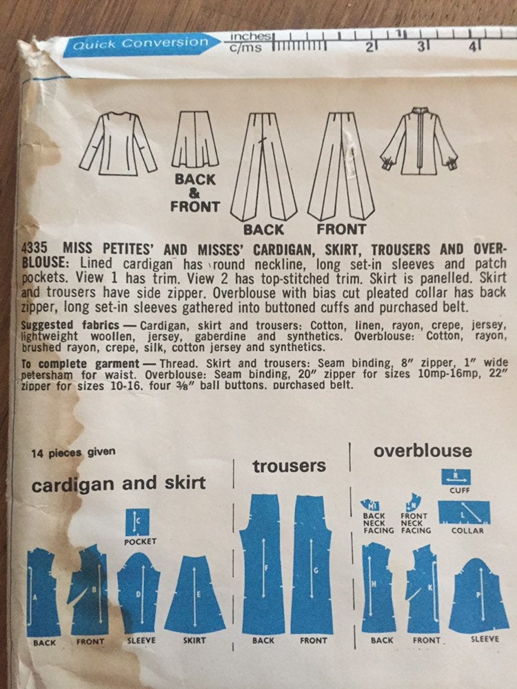 Cardigan, Skirt, Blouse, and Trousers 1970s Vintage Sewing Pattern Style 4335