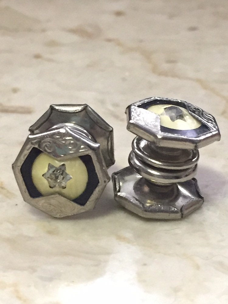 Silver Cuff Links-Vintage Cufflinks for Men-Gift for Boyfriend-Art Deco Inlay Cufflinks