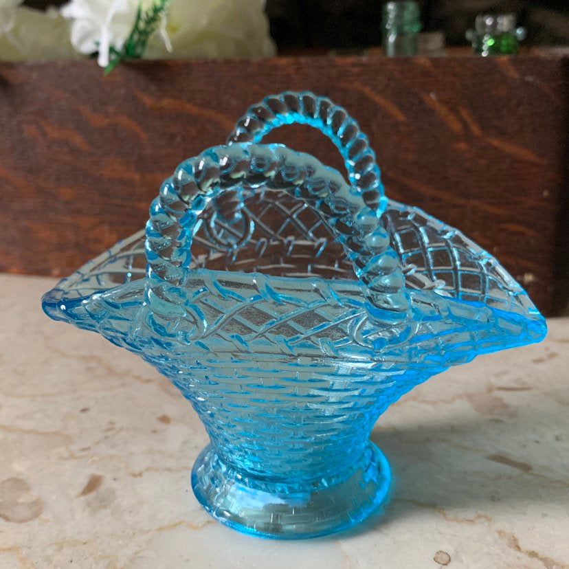 Vintage Blue Pressed Glass Basket Candleholder, Vintage Home Decor