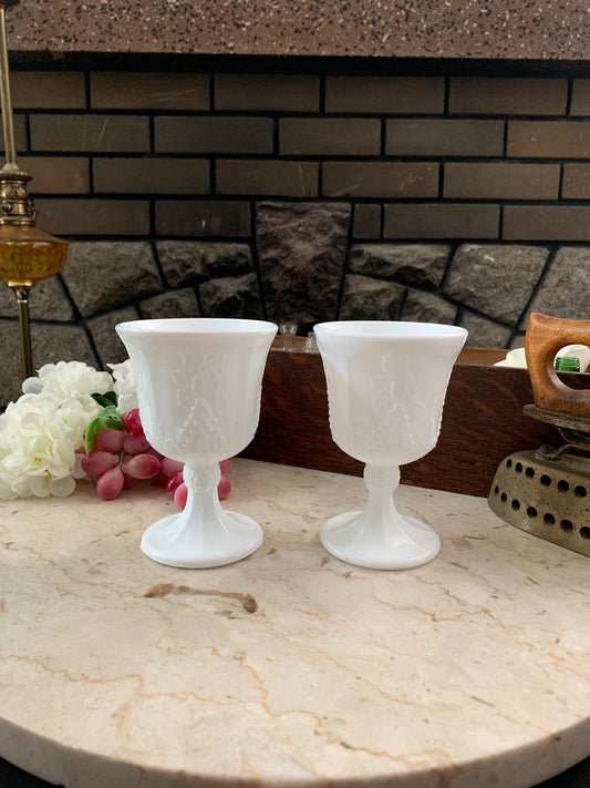 Vintage Milk Glass Goblets, Pair of White Wine Glasses