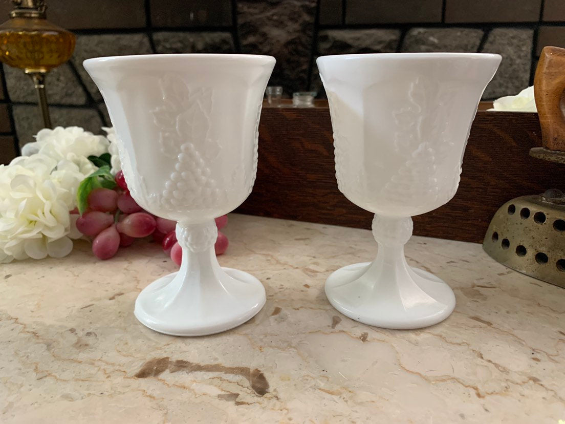 Vintage Milk Glass Goblets, Pair of White Wine Glasses