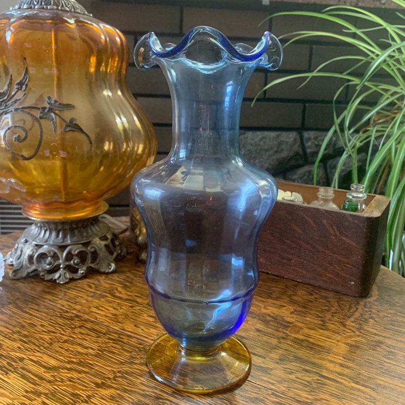 Vintage Blue and Amber Blown Glass Vase Unique Vase Collectible Glass
