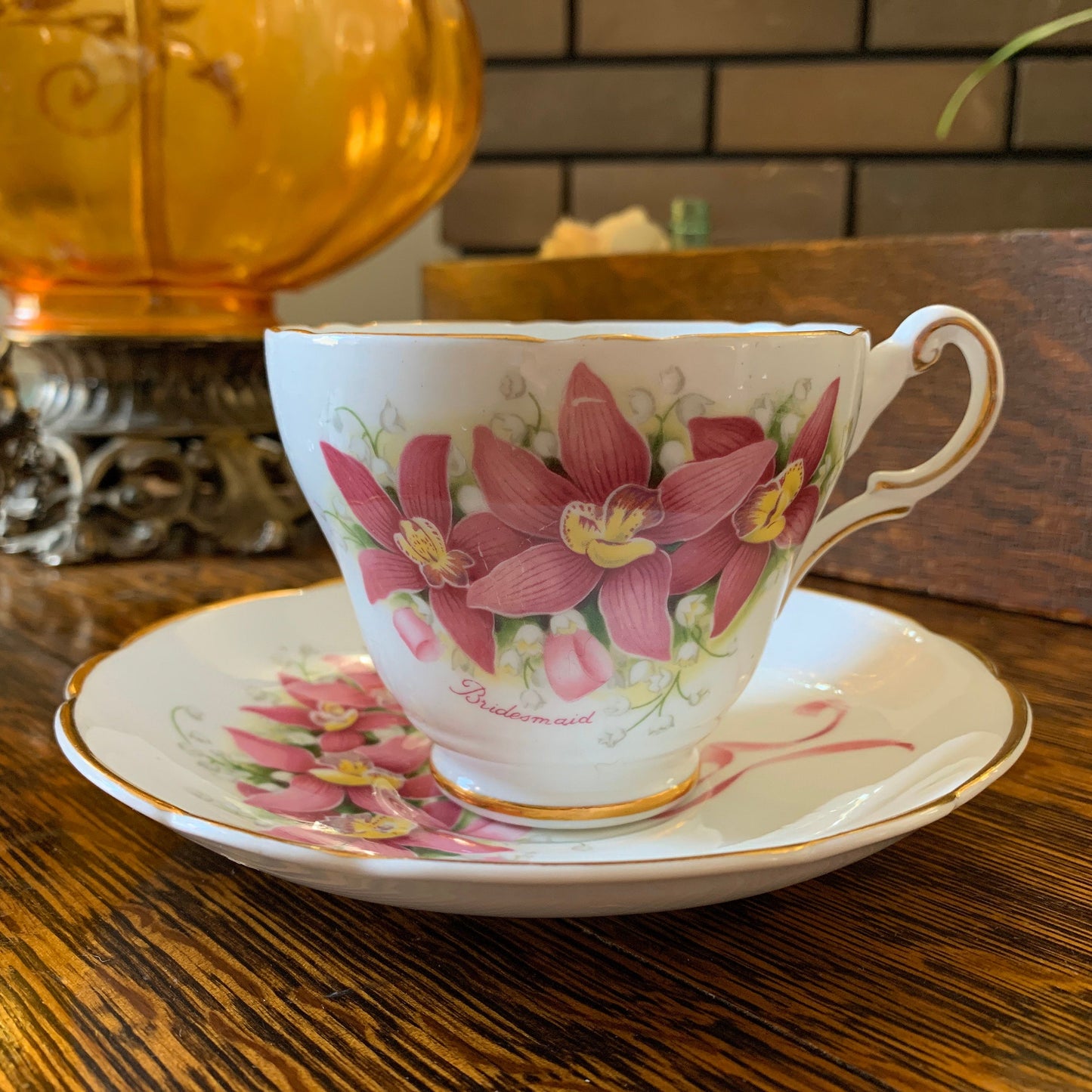 Pink Bridesmaid Pattern Teacup and Saucer with Pink Flowers