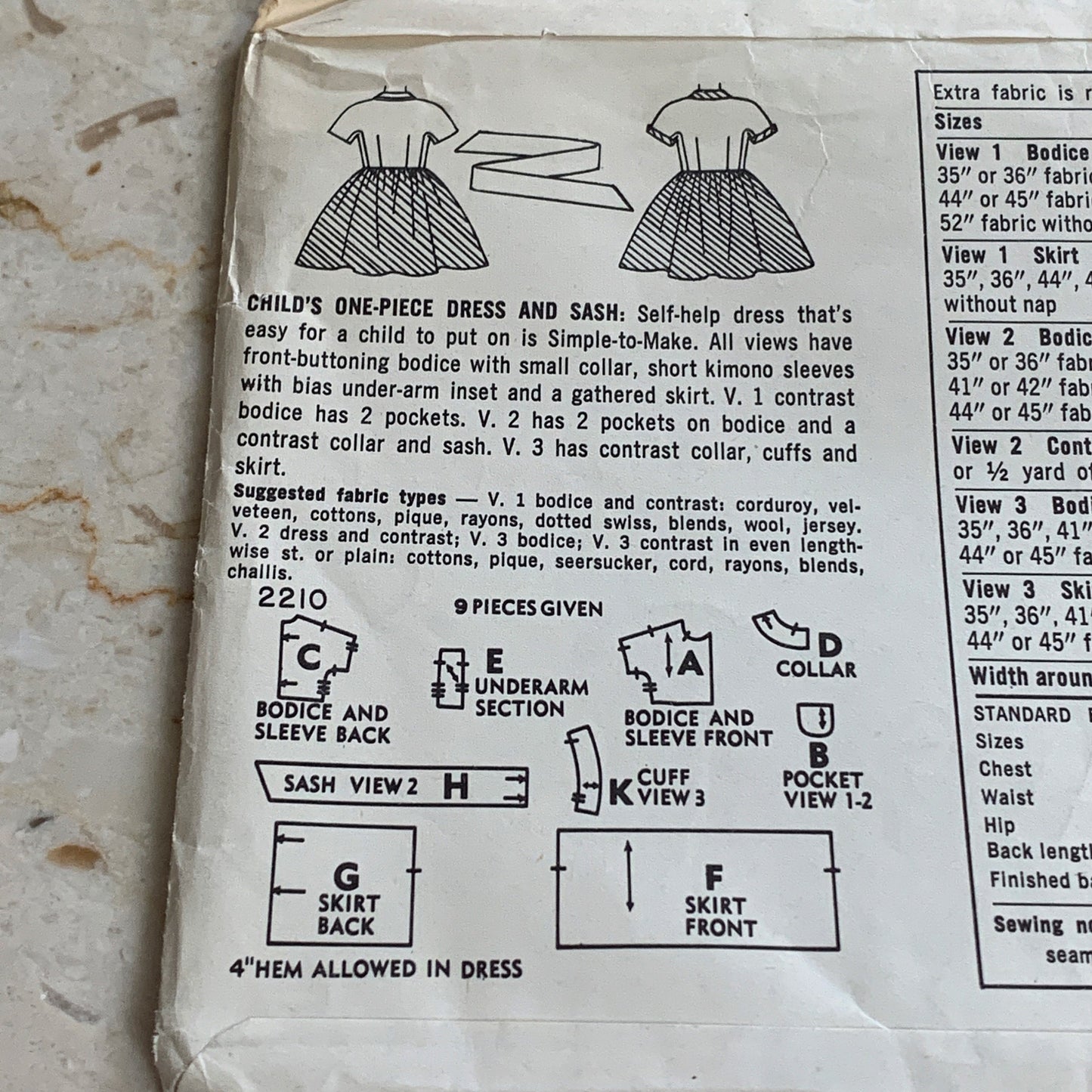 Girl’s Size 6 Short Sleeved Dress Vintage Sewing Pattern Simplicity 2210