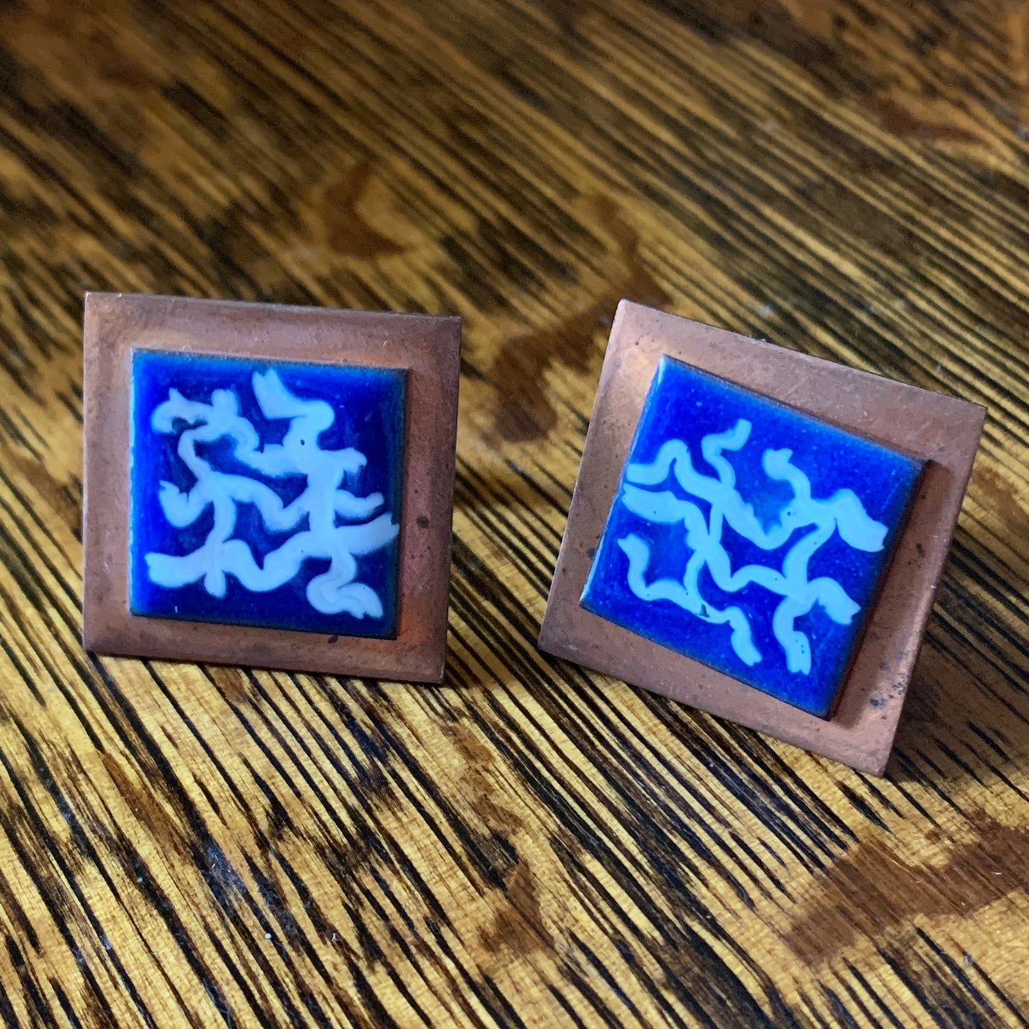 Large Square Copper Vintage Cufflinks with Blue and White Enamel