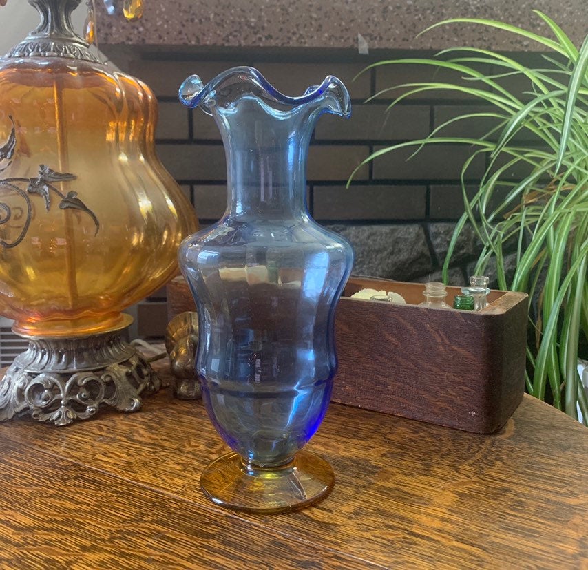 Vintage Blue and Amber Blown Glass Vase Unique Vase Collectible Glass