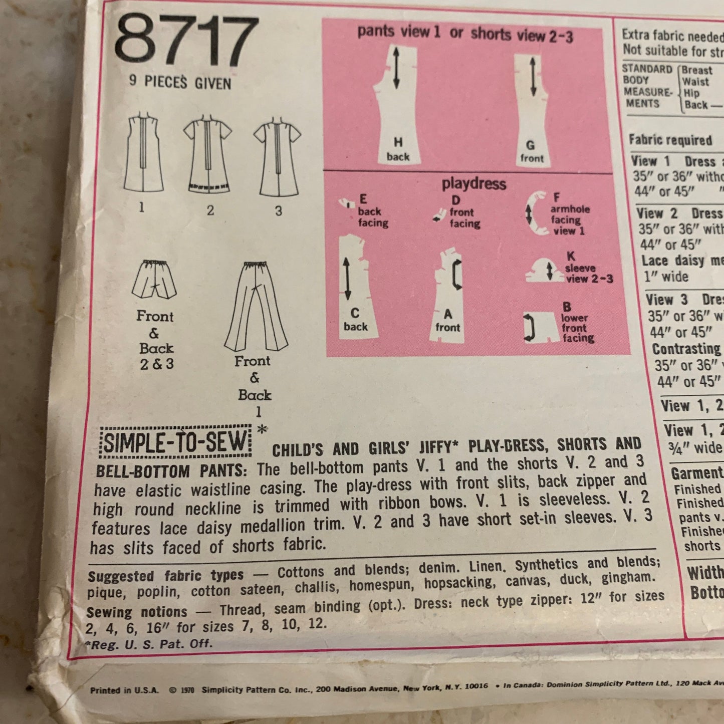 Girl’s Size 12 Play-Dress, Shorts, and Bell Bottom Pants 1970 Vintage Sewing Pattern