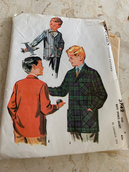 Boys Button Front Jacket Uncut Vintage Sewing Pattern McCall’s 3742