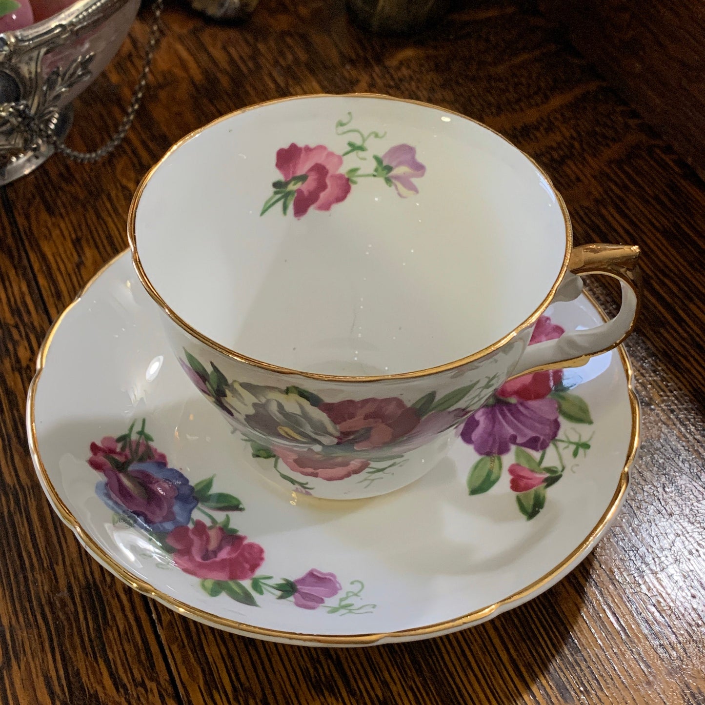 Pink, Purple, and White Floral Vintage Teacup and Saucer by Regency China