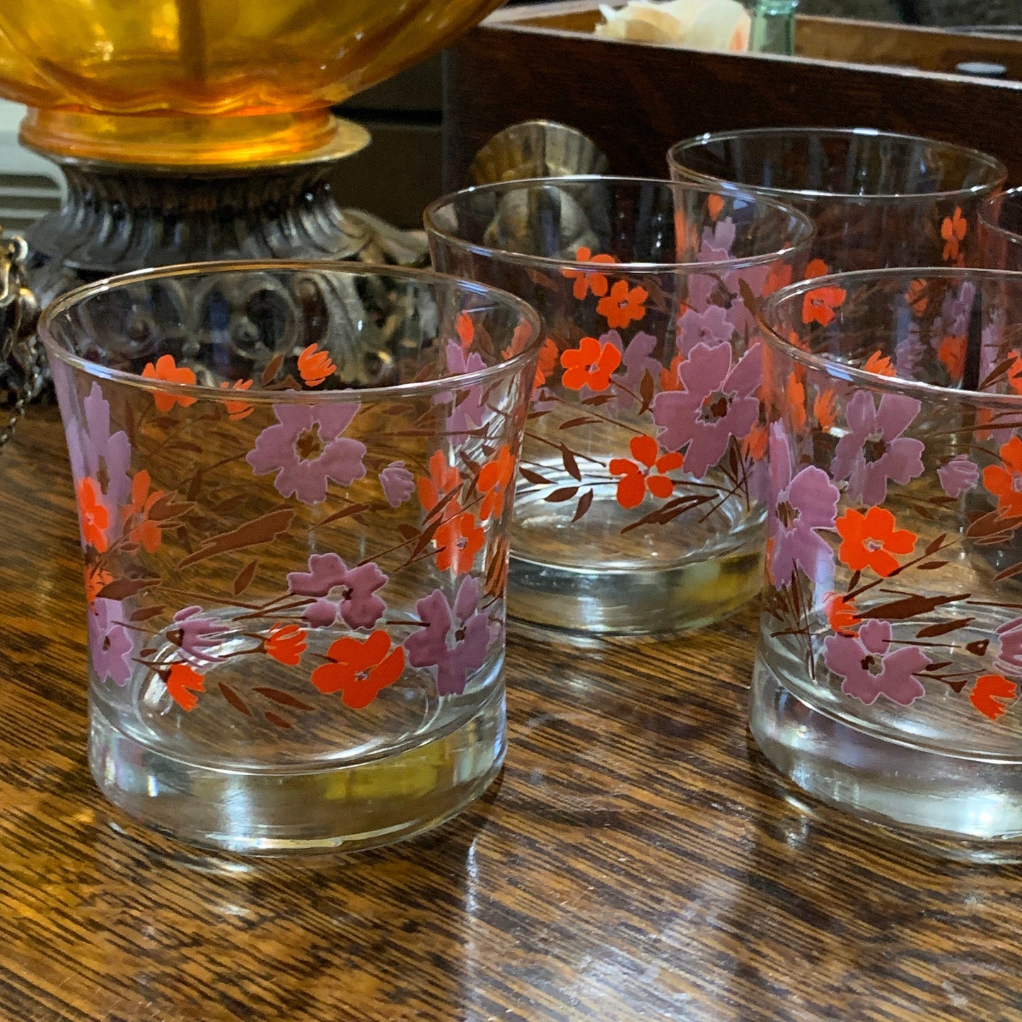 Vintage Juice Glass Set with Floral Pattern