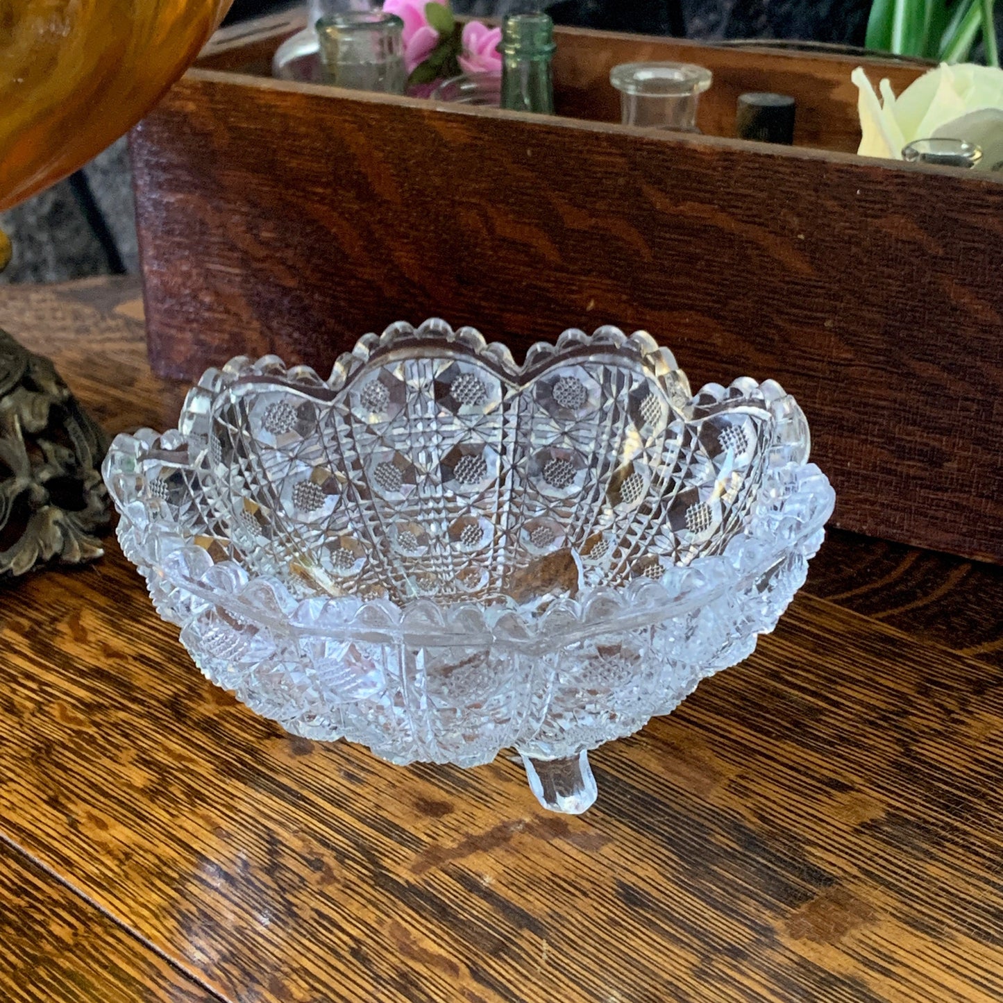 EAPG Pressed Glass Bowl with Crosshatched Hexagon Pattern