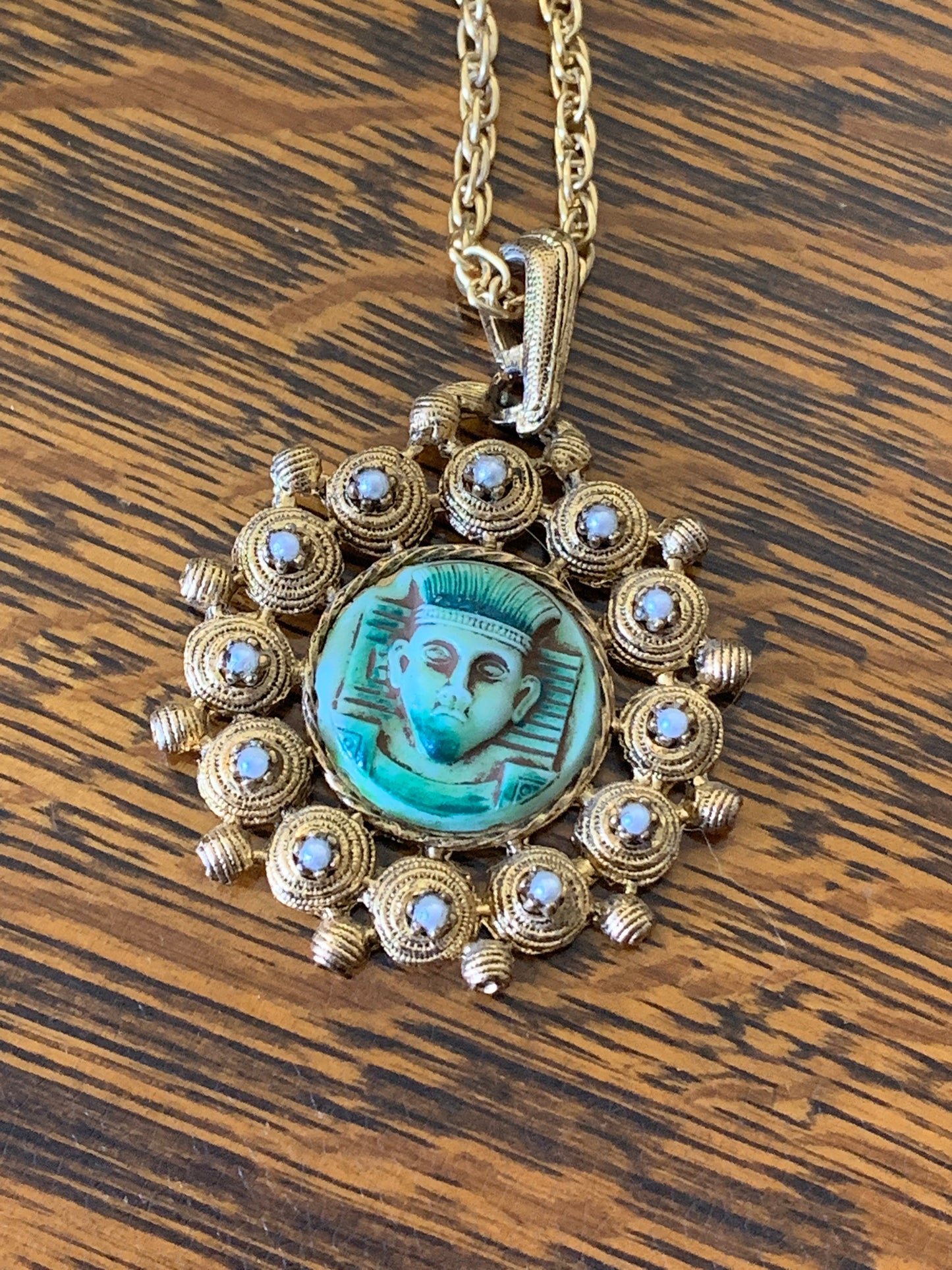 Vintage Aztec Style Pendant on Long Chain