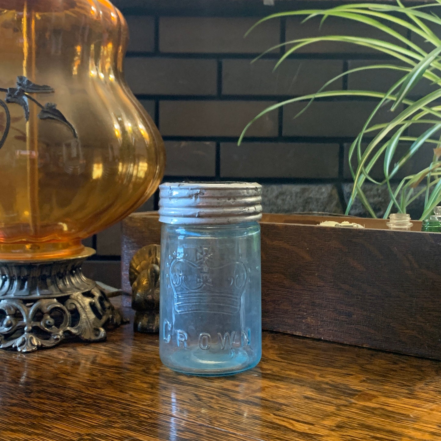 Antique Aqua Blue Crown Canning Jar