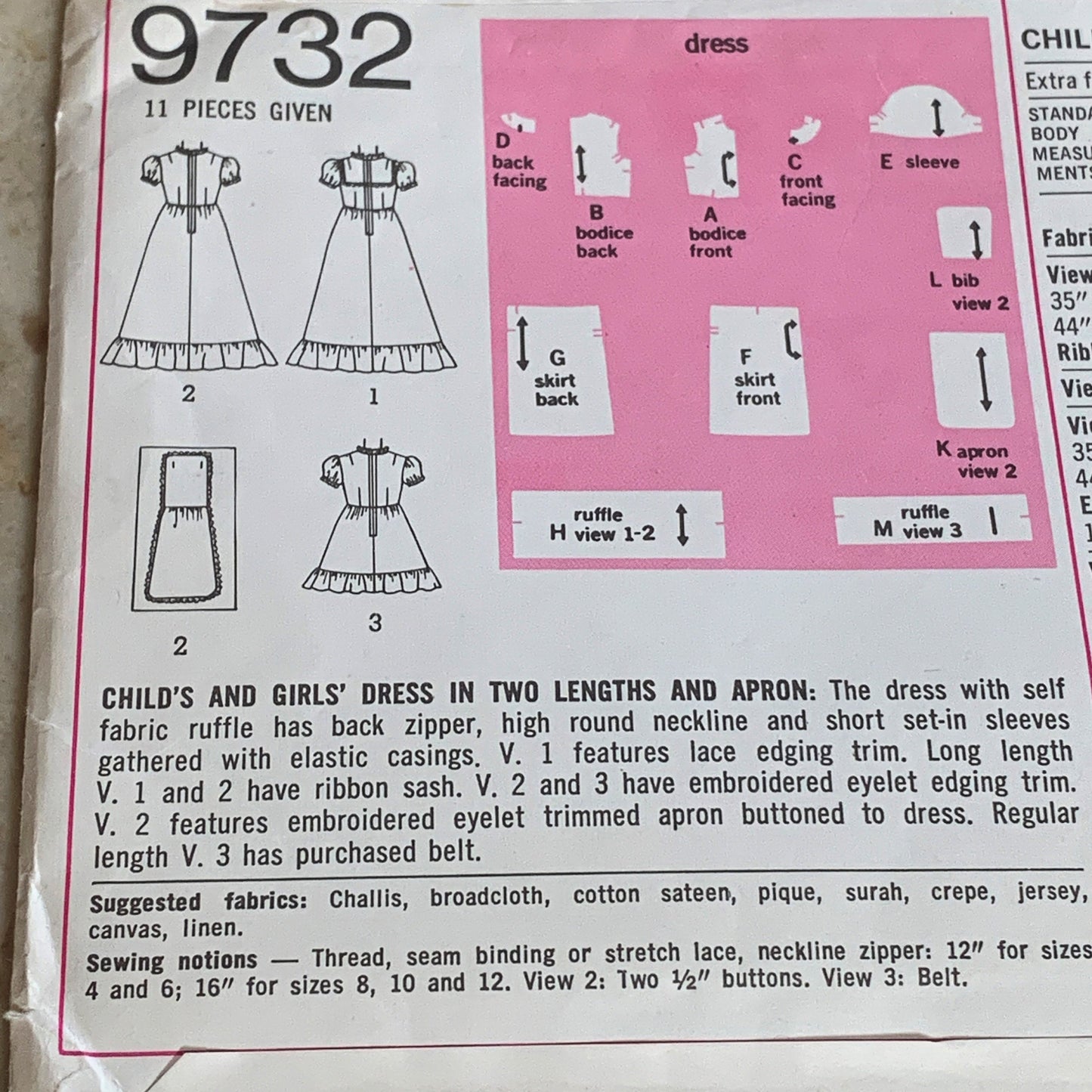 Girl’s Size 10 Dress with Apron 1971 Vintage Sewing Pattern Simplicity 9732