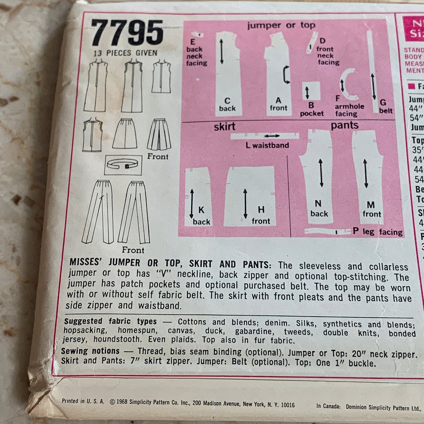 Misses Jumper or Top, Skirt, and Pants 1968 Vintage Sewing Pattern