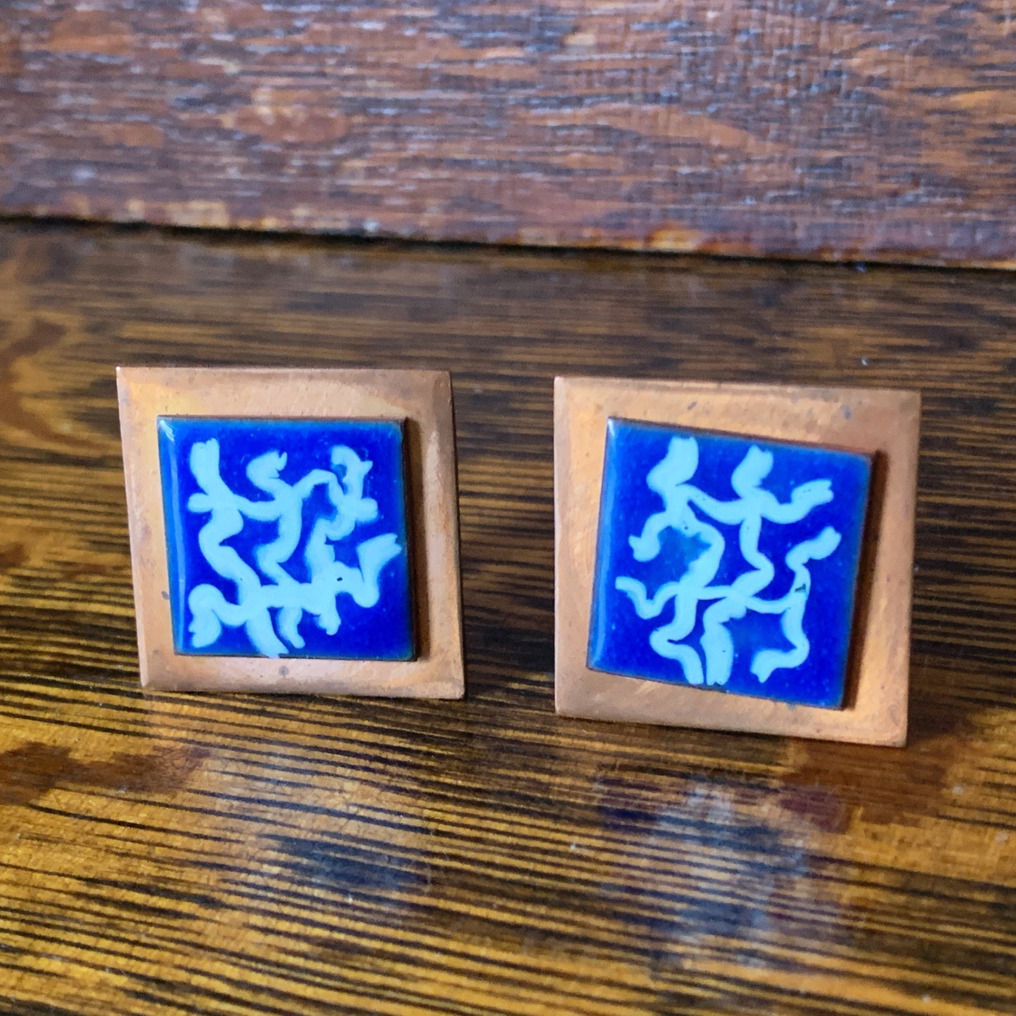 Large Square Copper Vintage Cufflinks with Blue and White Enamel