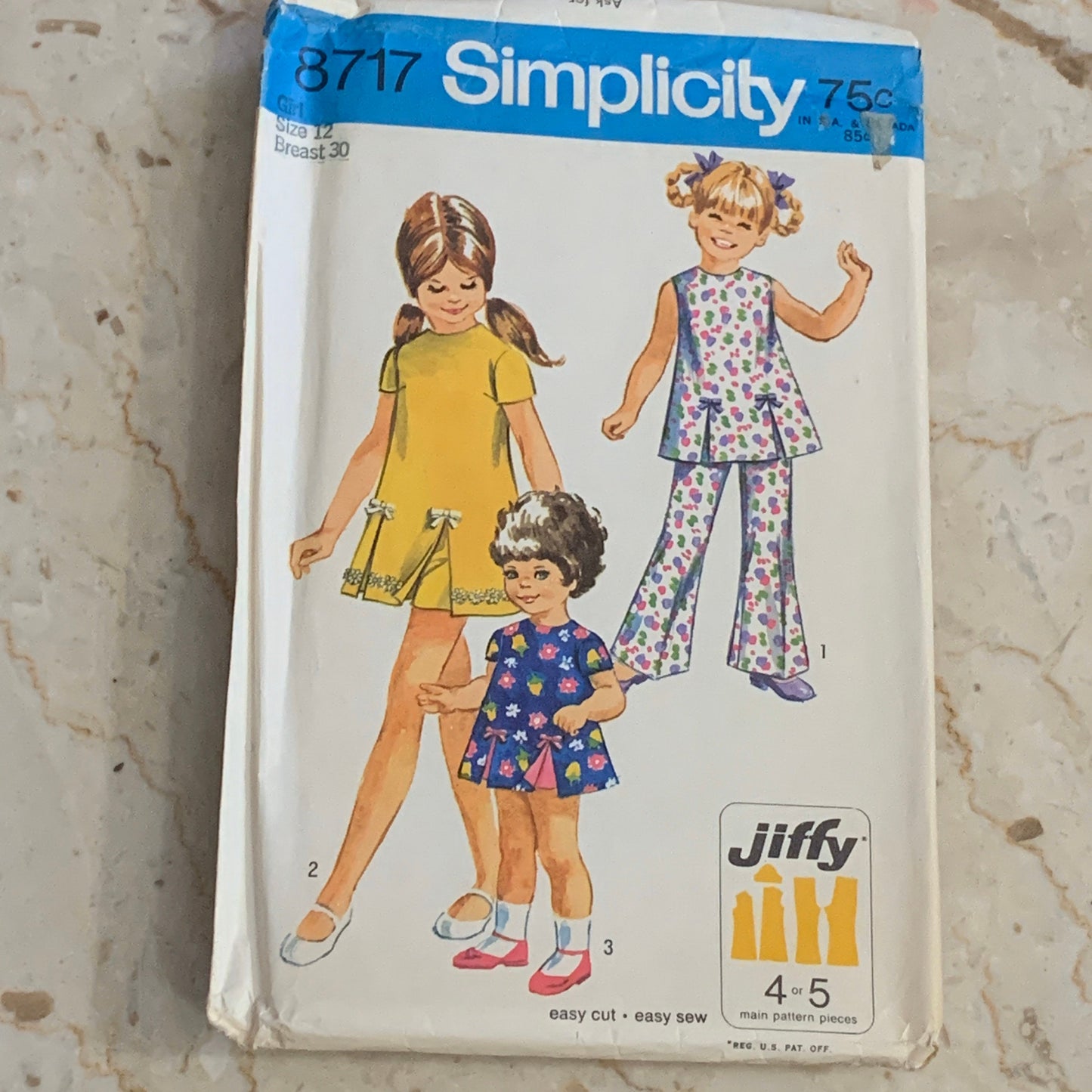 Girl’s Size 12 Play-Dress, Shorts, and Bell Bottom Pants 1970 Vintage Sewing Pattern