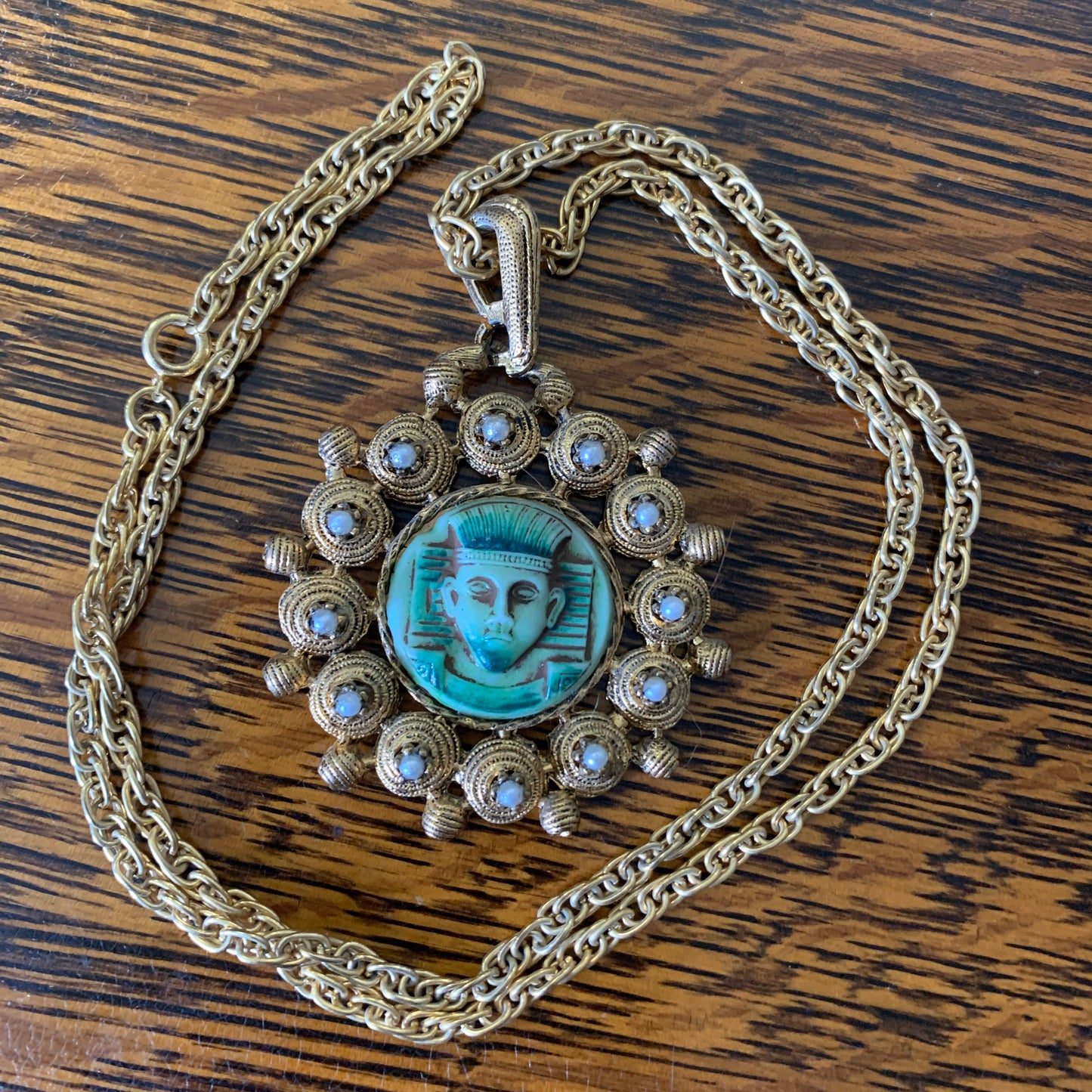 Vintage Aztec Style Pendant on Long Chain