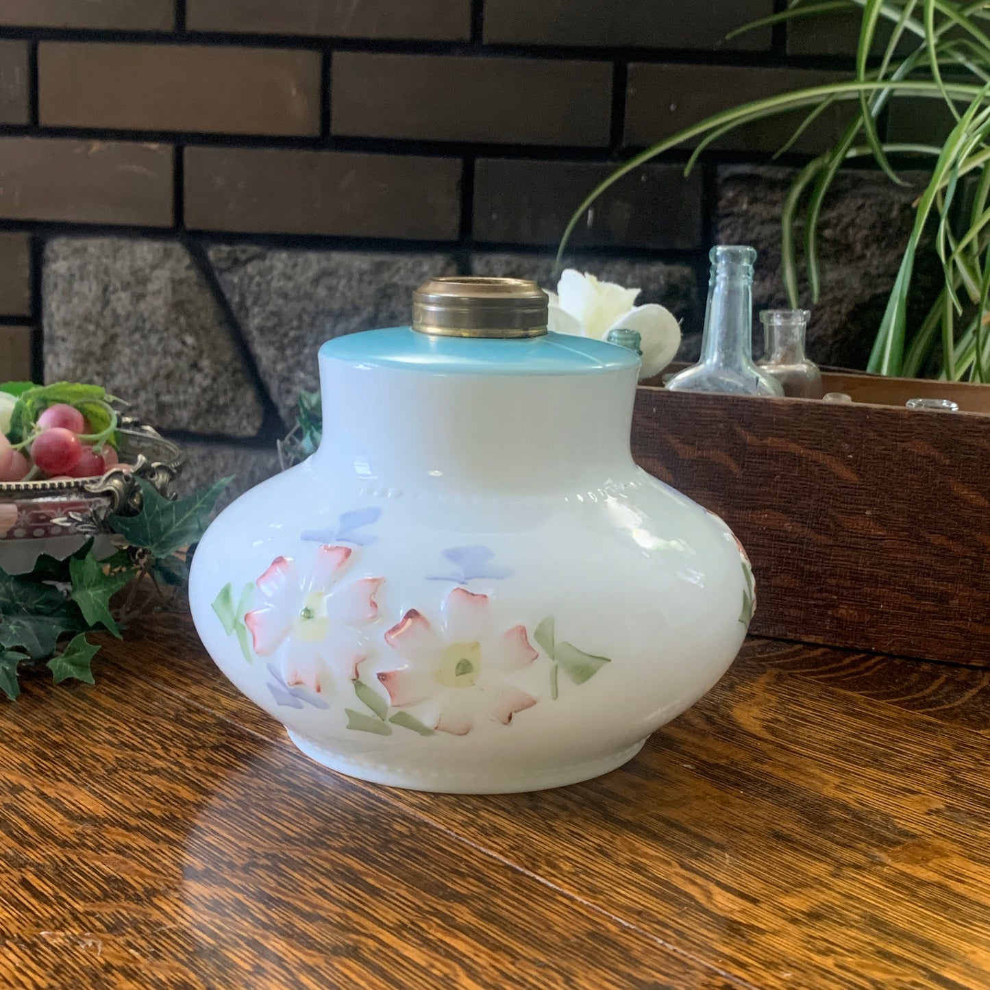 Consolidated Lamp and Glass Co EAPG Milk Glass Oil Lamp Base with Hand Painted Floral Design