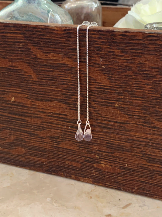 Sterling Silver Ear Threads with Small Amethyst Tear Drops  Minimalist Earrings