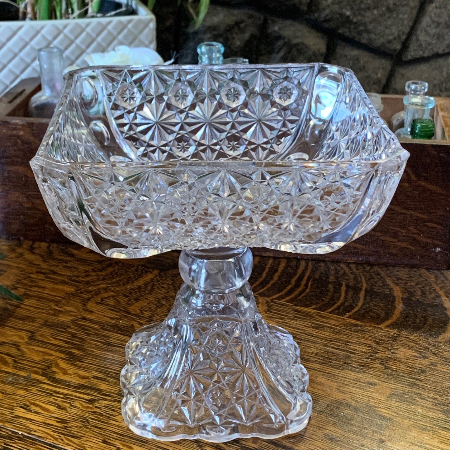 Tall Pressed Glass Dish, Vintage Glass Fruitbowl