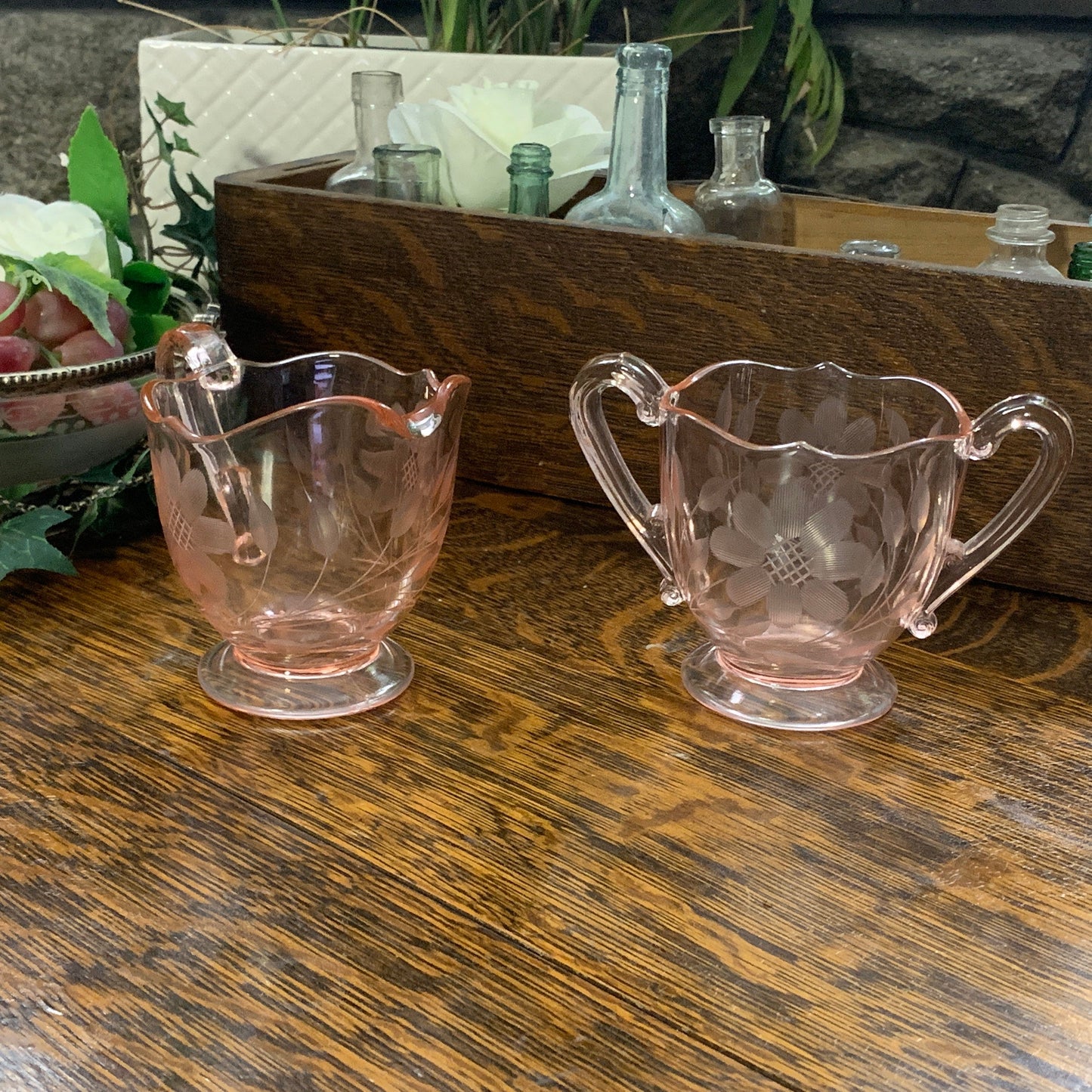 Blush Pink Depression Glass Cream Pitcher and Sugar Bowl Jubilee Pattern Lancaster Glass Company