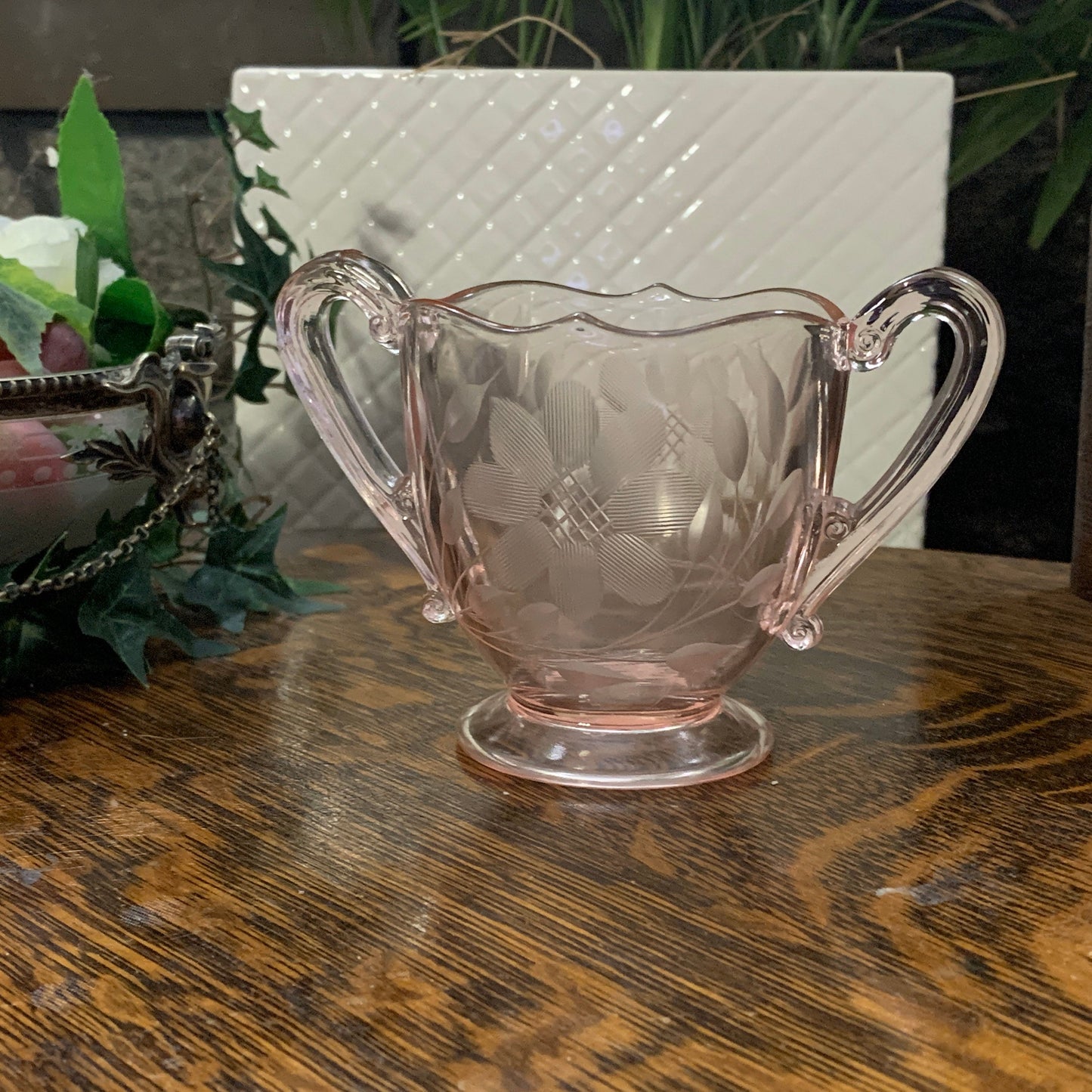 Blush Pink Depression Glass Cream Pitcher and Sugar Bowl Jubilee Pattern Lancaster Glass Company