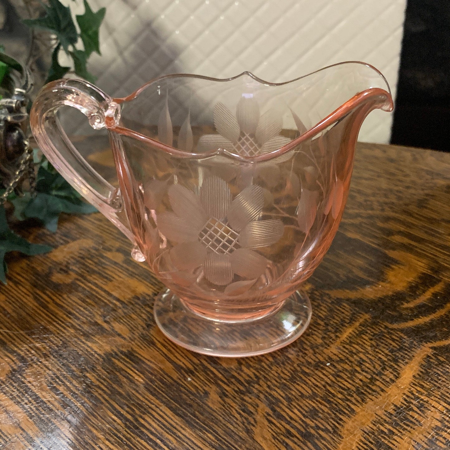 Blush Pink Depression Glass Cream Pitcher and Sugar Bowl Jubilee Pattern Lancaster Glass Company