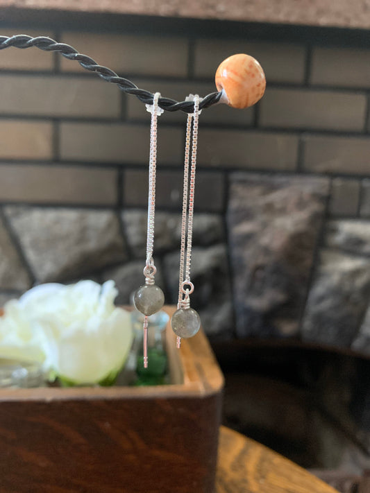 Sterling Silver Ear Threads with Small Labradorite Drops  Minimalist Earrings