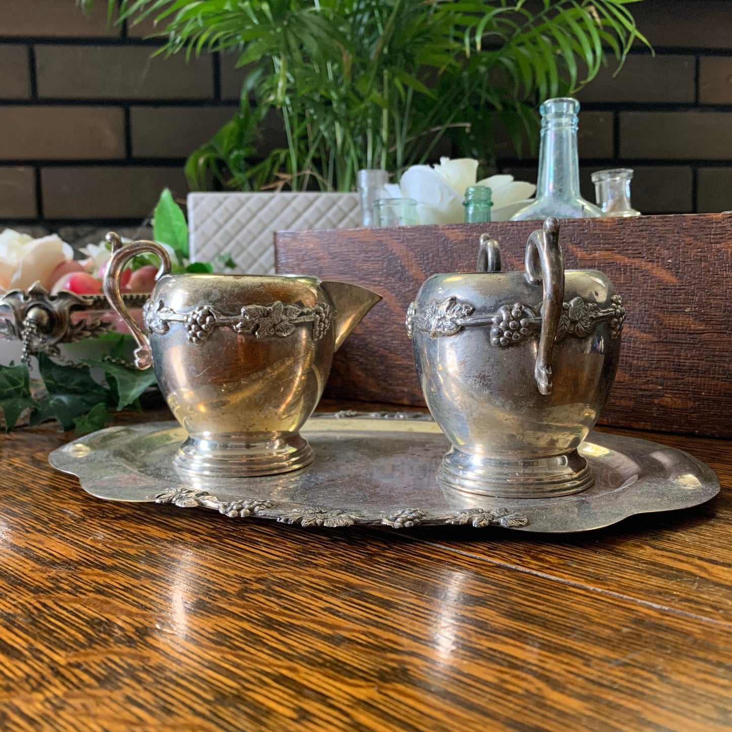 Vintage Silver Plated Cream and Sugar Set with Tray