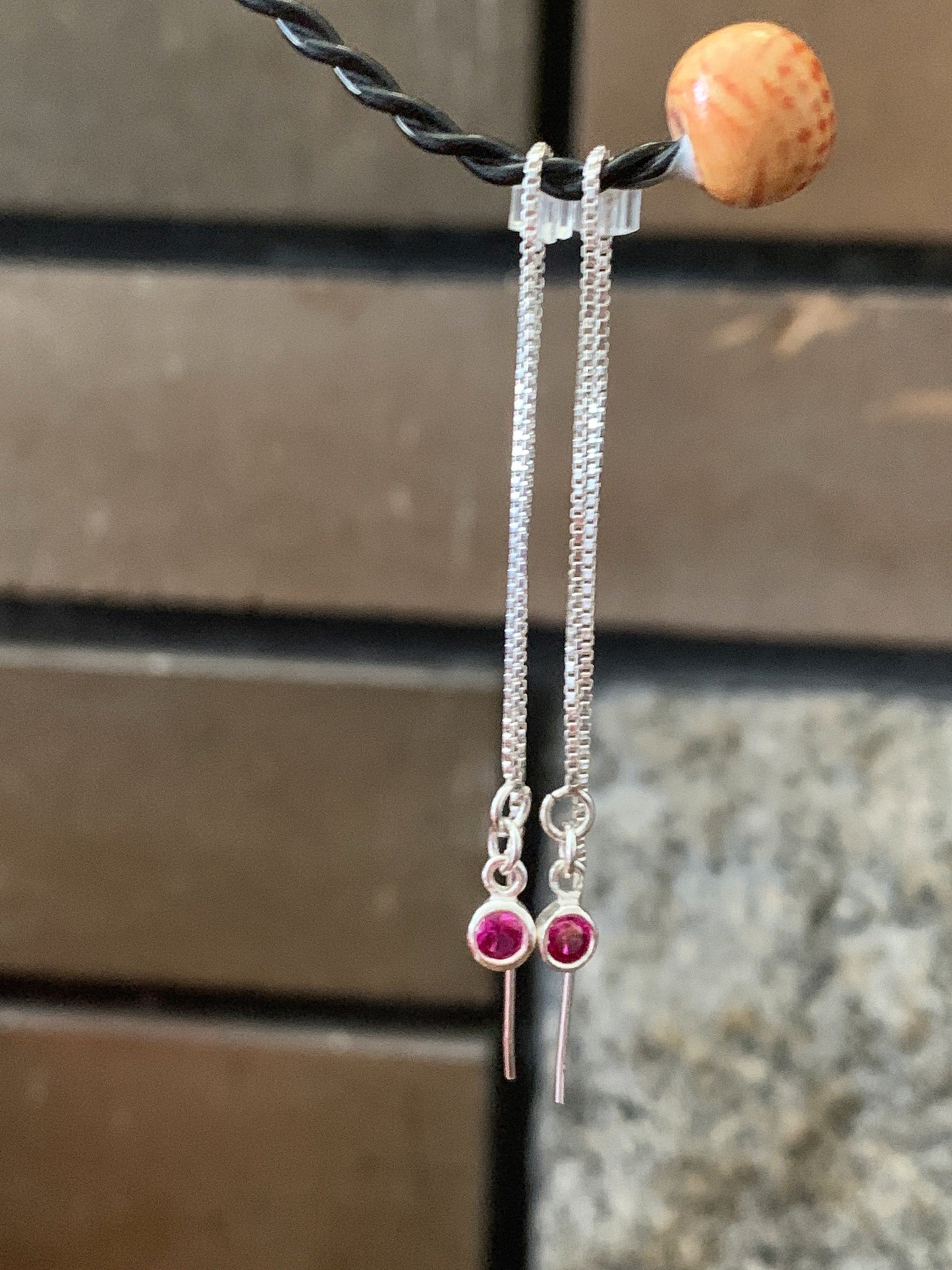 Sterling Silver Ear Threads with Small Ruby cz Drops  Minimalist Earrings