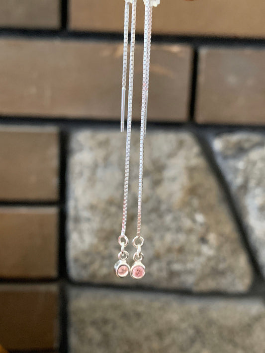 Sterling Silver Ear Threads with Small Rose Quartz cz Drops  Minimalist Earrings